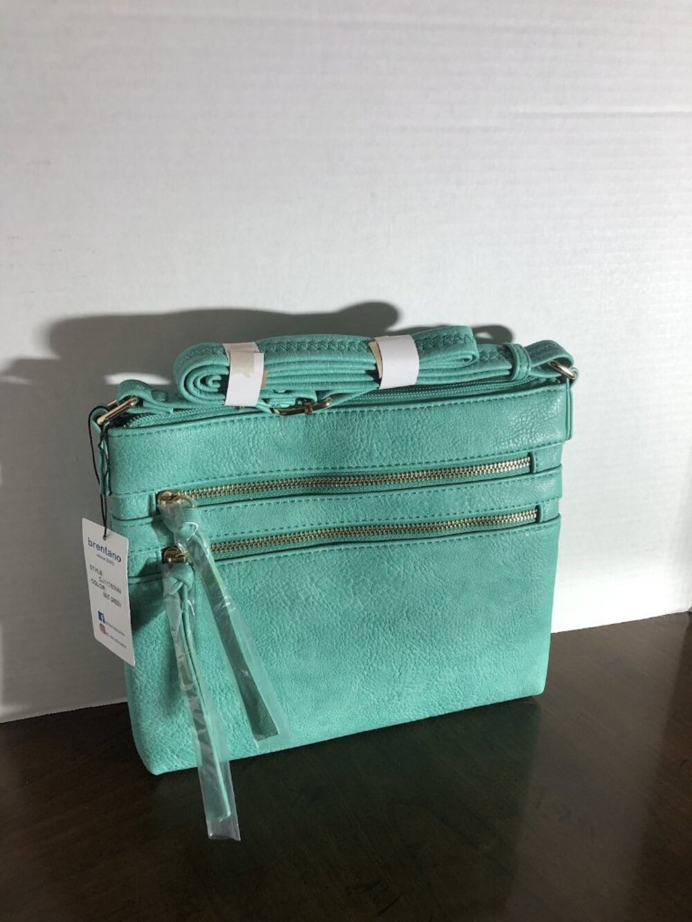 Brentano Multi Zipper Crossbody Purse In Mint Green 10” x 8”